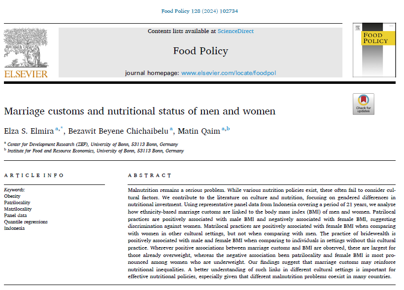 MatinQaim's tweet photo. In Indonesia, we show that cultural marriage customs reinforce nutritional inequalities. Patrilocality leads to higher male &amp; lower female BMI. Bridewealth leads to rising obesity among men &amp; women. Nutrition policies need to consider such cultural factors https://t.co/whFQuJB0GB https://t.co/HyOChQKOte