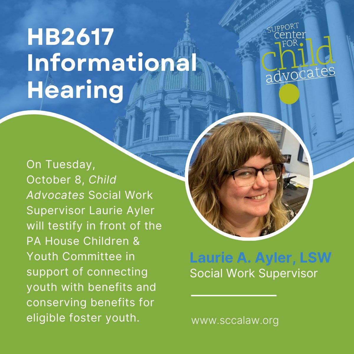 Child Advocates Social Work Supervisor Laurie Ayler will be appearing in front of the PA House Children &amp; Youth Committee to testify in support of HB2617, a bill to protect access to benefits for foster children in PA. Tune in at 9am on Tuesday, 10/8: youtube.com/@PaHouseVideo