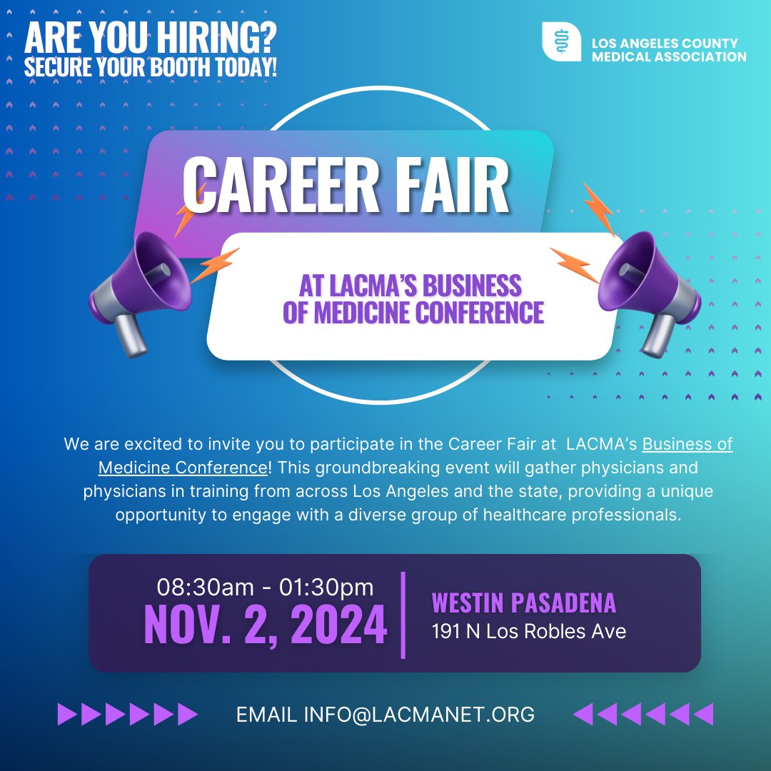 Calling all employers in healthcare! Are you looking for top talent to join your team? Secure your booth at LACMA’s Business of Medicine!

Don’t miss your chance to engage with a diverse pool of talent!
For more info, email: info@lacmanet.org
hubs.la/Q02SrhMZ0
#LADocs