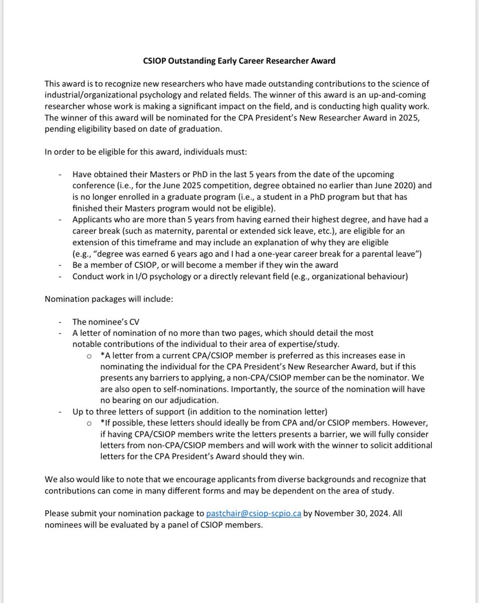 CSIOP_SCPIO's tweet image. #CSIOP

 Award nomination season is finally here! 

This year we have the Early Career Research Award and the CSIOP Outstanding Practionner Award. 

Deadline to submit nomination: November 30, 2024. 

Submit nomination to: pastchair@csiop-scpio.ca