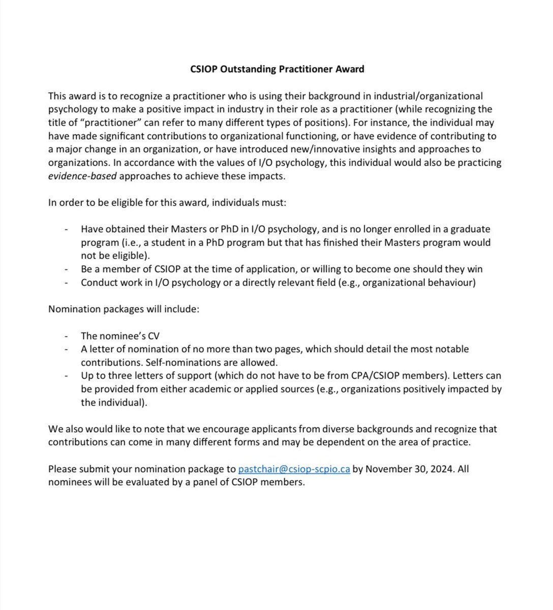 CSIOP_SCPIO's tweet image. #CSIOP

 Award nomination season is finally here! 

This year we have the Early Career Research Award and the CSIOP Outstanding Practionner Award. 

Deadline to submit nomination: November 30, 2024. 

Submit nomination to: pastchair@csiop-scpio.ca