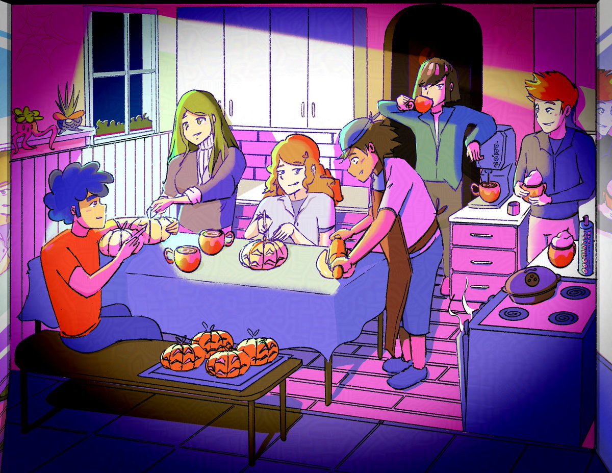 🎃Pumpkin-looking breads on a spooky craft night for
#WEBTOON_OC_tober
Head baker Wabi is being assisted by Ayame, Iburu and Barashi; while Tsume and Yutaru prepare pumpkin spice coffee w/ whipped cream (which Tsume is against ) for the whole gang 
 #DrawWithCANVAS #WEBTOONCANVAS