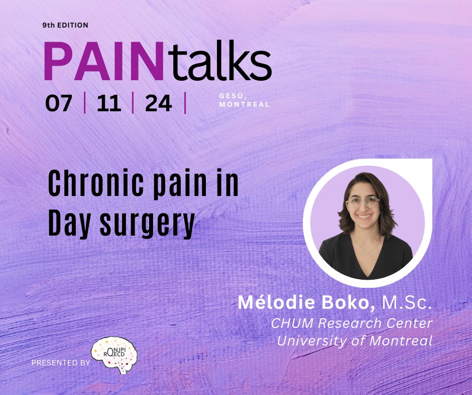 PAINtalks Alert 🚨

 👉Introducing our next speaker: Mélodie Boko 

Mélodie is a representative of the <a href="/SQDouleur/">Société Québécoise de la douleur</a>  and works at the Centre de recherche du CHUM, <a href="/UMontreal/">Université de Montréal</a>. Her presentation will focus on chronic pain in day surgery 👀

Register here: event.fourwaves.com/fr/paintalks20…