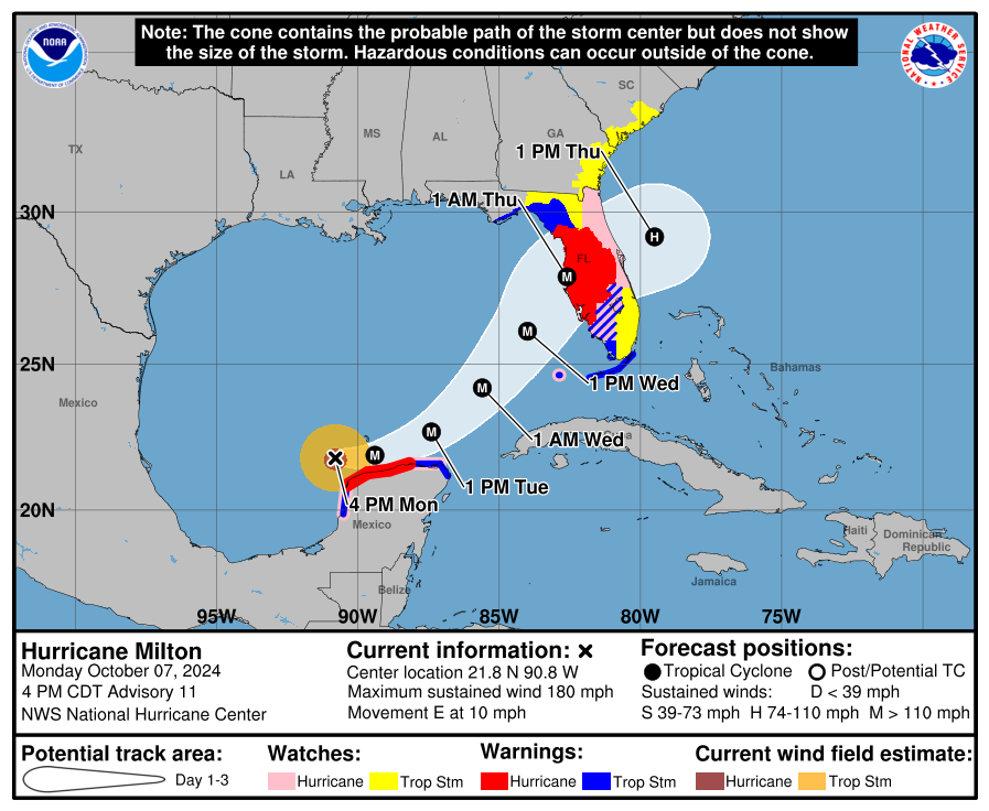 Monday 5pm ET track update on Milton. Now 180mph winds! Pressure 905mb. Some weakening before landfall. But does that even matter? This is as bad as it gets. spaghettimodels.com