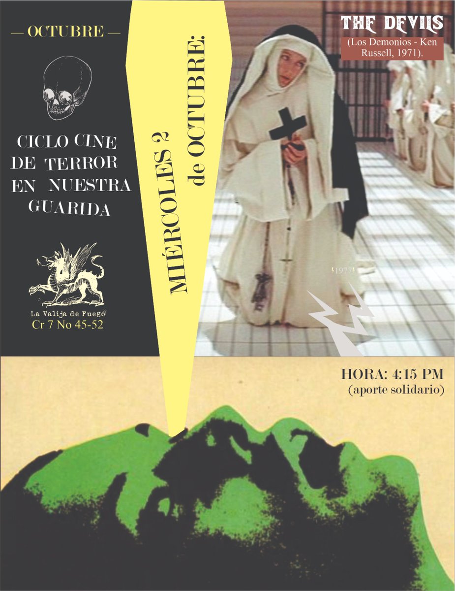 [ PROGRAMACIÓN CULTURAL/ PROYECCIÓN]
Segunda proyección de nuestro ciclo de terror. Nuestra cinta invitada la controversial y censurada THE DEVILS  del director Ken Russell.

Recuerden que la cita será este miércoles 9 de octubre a las 4:15 PM.
Aforo limitado ( aporte sólidario)
