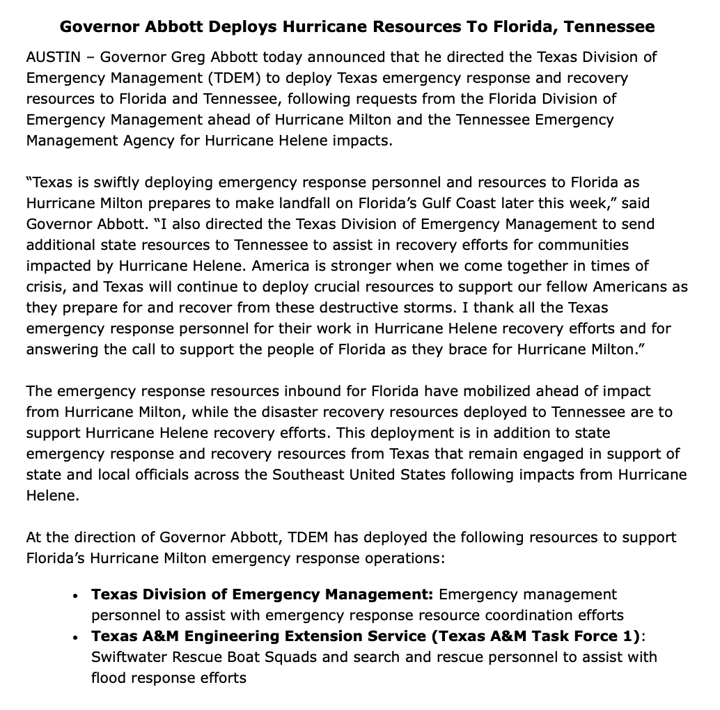 GregAbbott_TX's tweet photo. Texas is deploying emergency response personnel &amp; resources to Florida ahead of Hurricane Milton.

We are also sending resources to Tennessee to support Hurricane Helene recovery efforts.

America is stronger when we come together in times of crisis. https://t.co/Wt1gwfqQSU
