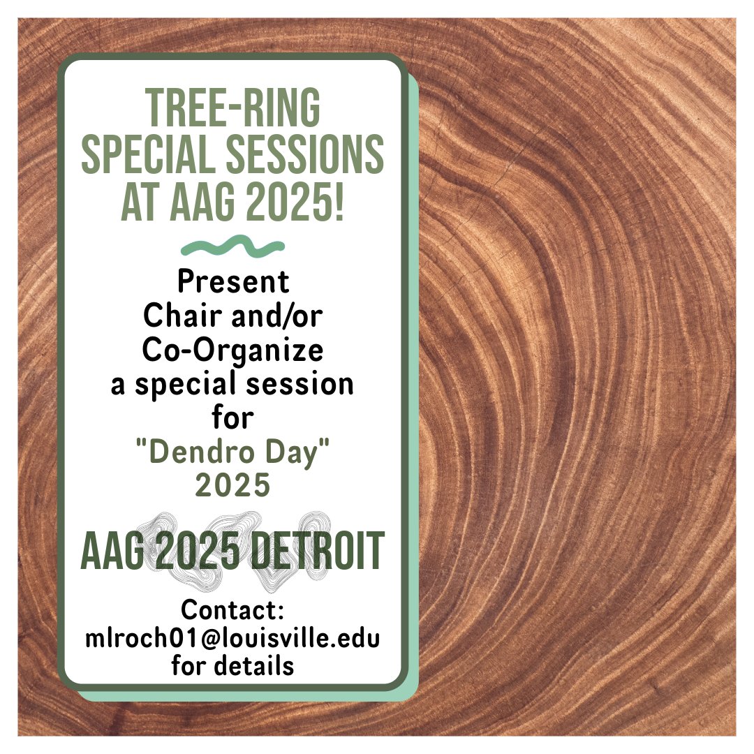Dr. Maegen Rochner (@mrochner86) on Twitter photo Calling All #TreeRing Scientists & #DendroDabblers!
We are looking for: Paper presenters, Session organizers, and Session chairs for #DendroDay2025 at #AAG2025 in Detroit MI. Message if interested or with questions. <a href="/treeringsociety/">Tree-Ring Society</a> <a href="/TreeRingLabUA/">UArizona Tree-Ring Lab</a> @TreeRingATR <a href="/TreeRingLab/">LDEO Tree Ring Lab</a> Calling All #TreeRing Scientists & #DendroDabblers!
We are looking for: Paper presenters, Session organizers, and Session chairs for #DendroDay2025 at #AAG2025 in Detroit MI. Message if interested or with questions. <a href="/treeringsociety/">Tree-Ring Society</a> <a href="/TreeRingLabUA/">UArizona Tree-Ring Lab</a> @TreeRingATR <a href="/TreeRingLab/">LDEO Tree Ring Lab</a>
