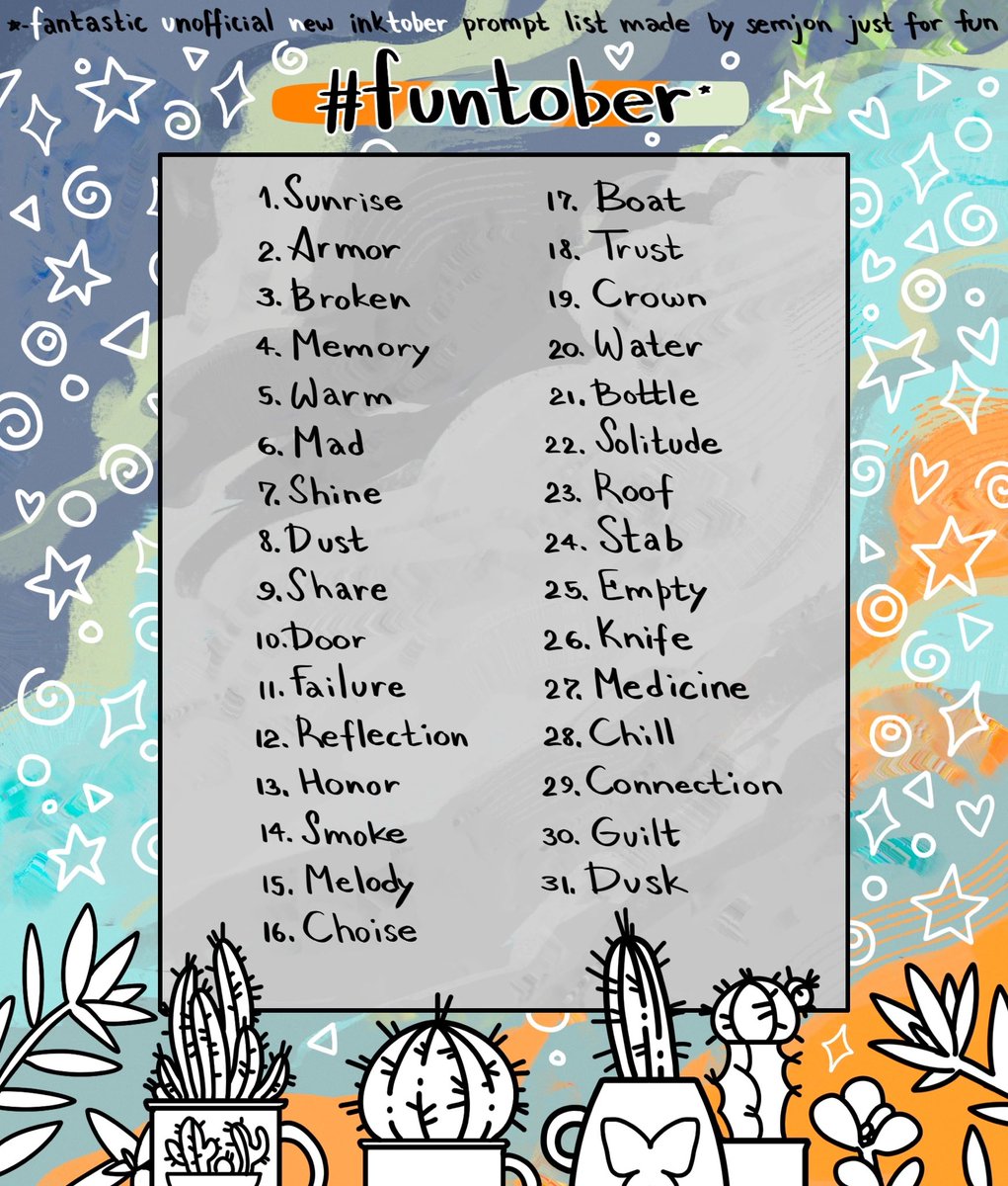 I didn't like the official list of themes, so I'm drawing from this one! 

I also don't follow any rules and do what I like :D

#inktober2024 #funtober