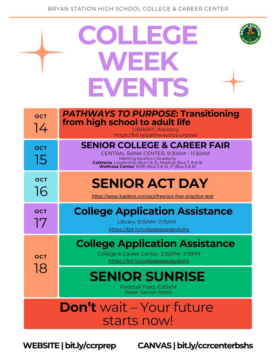🎓 College Week is almost here Defenders! 🎉 Sign up now for workshops, the college fair, and more to kickstart your future! Don’t miss out – visit bit.ly/ccrprep to register and get all the details. 🚀 #CollegeReady #DefenderStrong #BryanStation