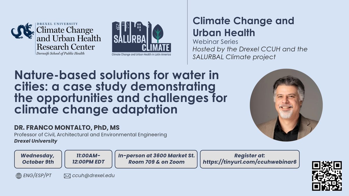 🇺🇸 Join us and the #CCUH this Wednesday, October 3rd, for a #webinar with Dr. Franco Montalto.  He'll present a talk titled "Nature-based solutions for urban water management"

📅 Date: 10/09/2024
🕚 Time: 11:00-12:00pm ET 
📍 Format: In-person &amp; Online👉 lnkd.in/dSTng5Jw