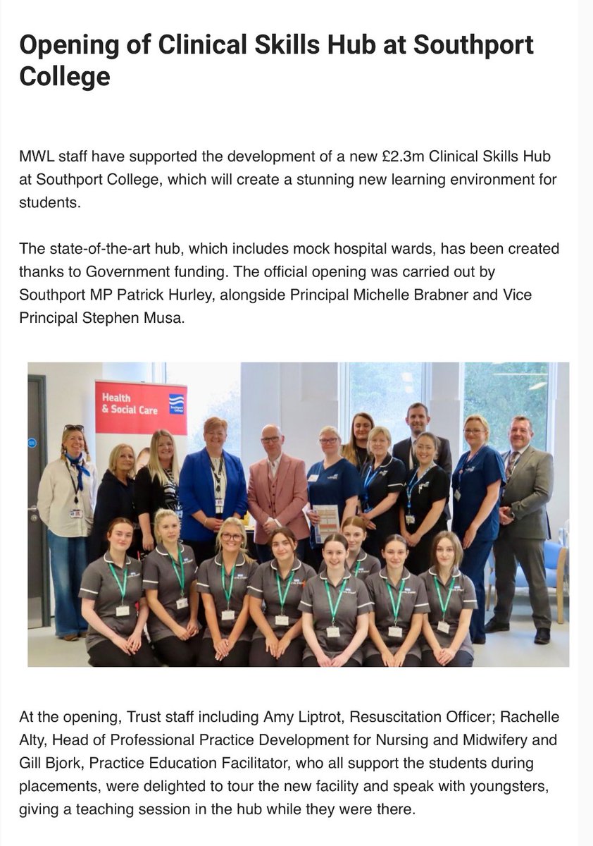 rachelle_alty's tweet photo. Lovely to see @GBjork31 partnership working with @southportcoll getting showcased in the trust news 🥳 Our Amy also delivered an amazing BLS training session in the new clinical skills hub 🤩 https://t.co/59OsPbutEN