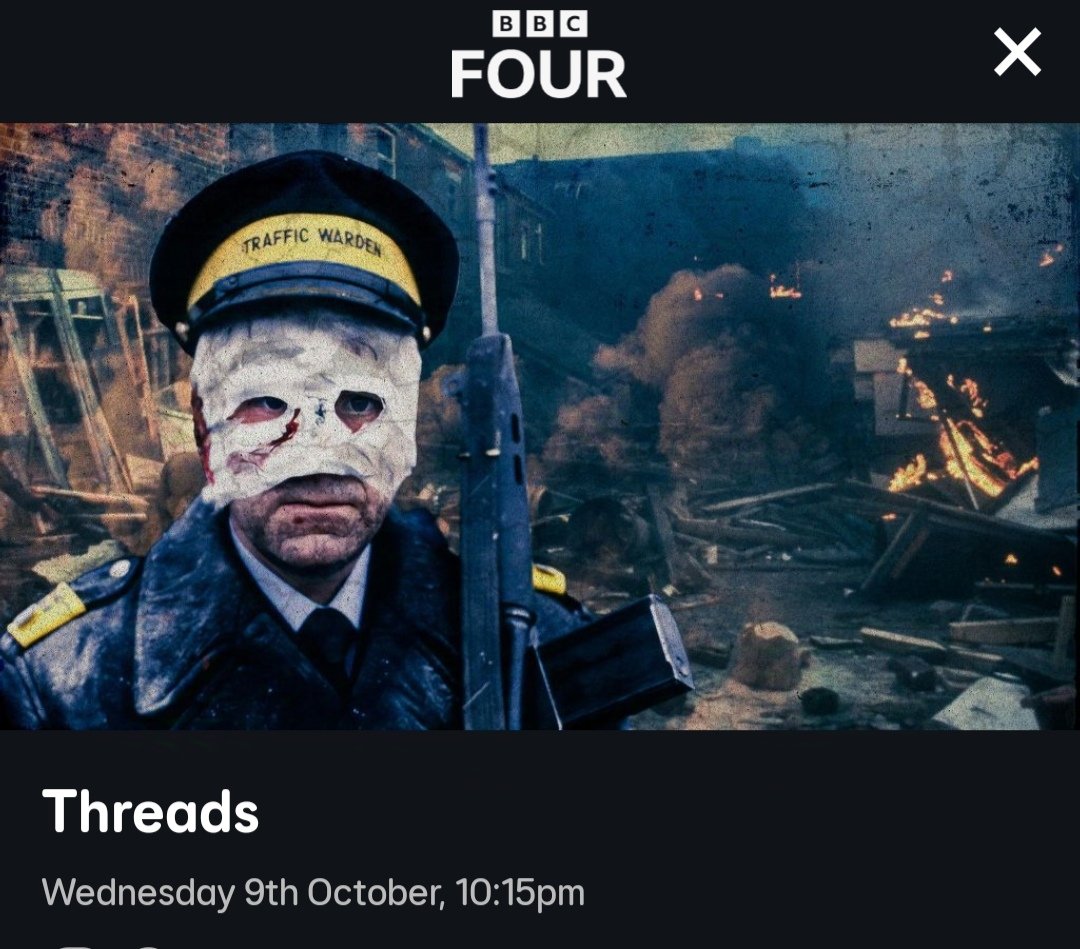 A masterpiece of UK television drama is finally getting another airing this week. Threads shows the affects and aftermath of a nuclear strike on Sheffield in the 1980's. Staring <a href="/reece_dinsdale/">Reece Dinsdale 👀</a> it really is a brilliant watch. #Threads #ReeceDinsdale <a href="/BBCFOUR4/">BBCFOUR</a> #bbc4