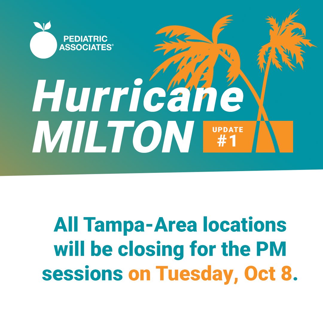 Our Tamp-area offices will be closed tomorrow, October 8th for the afternoon sessions. Telemedicine is available at KidzDocNow.us or Call 855-KIDZ-DOC. For emergencies, please dial 911.

Please take all precautions necessary to stay safe.