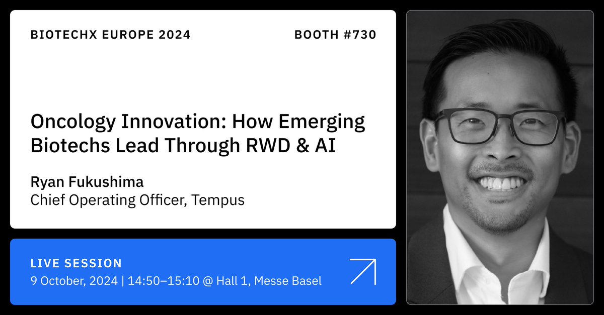 TempusAI's tweet image. We&apos;re at @BioTechX_  this week! Find us at Booth #730, or attend our COO @RyFukushima&apos;s live session &quot;Oncology Innovation: How Emerging Biotechs Lead Through RWD &amp;amp; AI&quot; on October 9. Find more info here: tempus.co/3zP7WPy #BioTechX #BioTechXEurope