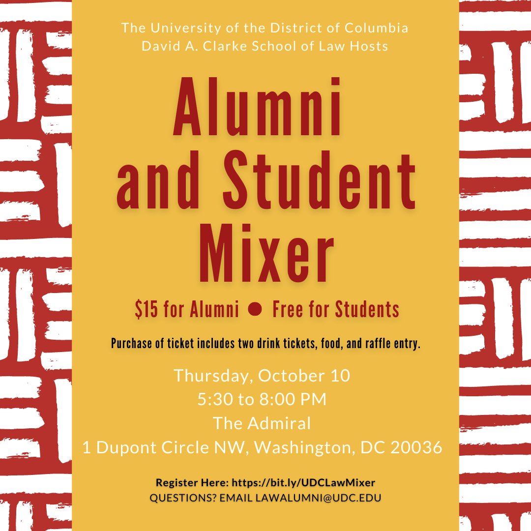 UDCLaw's tweet image. Join us for the Alumni and Student Mixer at The Admiral on Thursday, Oct. 10, from 5:30 to 8:00 p.m. Please note the new start time. You can find the registration link below. See you there! #UDCLaw #FirebirdsRising
Register Here: law.udc.edu/alumni-student…