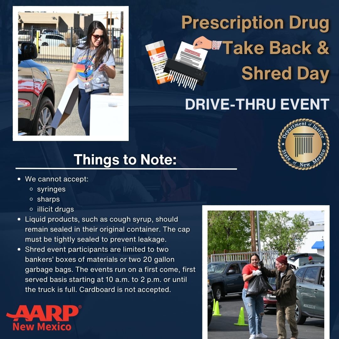 NewMexicoDOJ's tweet photo. #NMDOJ & @aarp NM are working together Sat., 10/26 at Santa Fe Place Mall in Santa Fe to help #NewMexicans dispose of unwanted documents and/or medications! This will be a drive-thru event starting at 10 am - Click for more info: https://t.co/Q2rVa0KTqs #drugtakebackday #shredday https://t.co/PExxwm3nEv