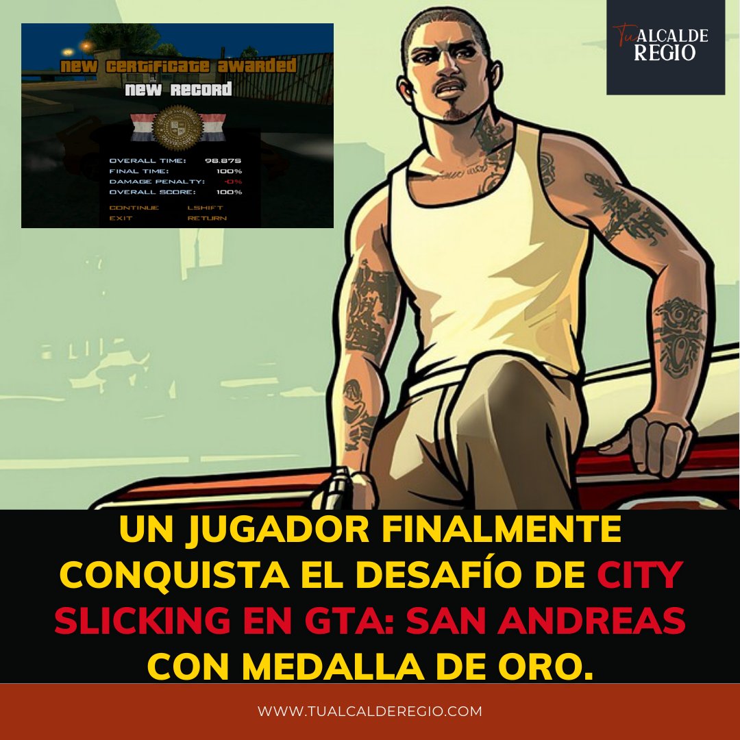 AlcaldeRegio's tweet photo. 🎮 ¡Después de 20 años de esfuerzo, un jugador de GTA: San Andreas ha logrado superar uno de los desafíos más difíciles! 🏆 ¿Te imaginas la satisfacción de conseguir la medalla de oro en City Slicking?🚗💨 ¡Únete a la celebración y comparte tus propios logros en los videojuegos! https://t.co/tpwftLOyxS