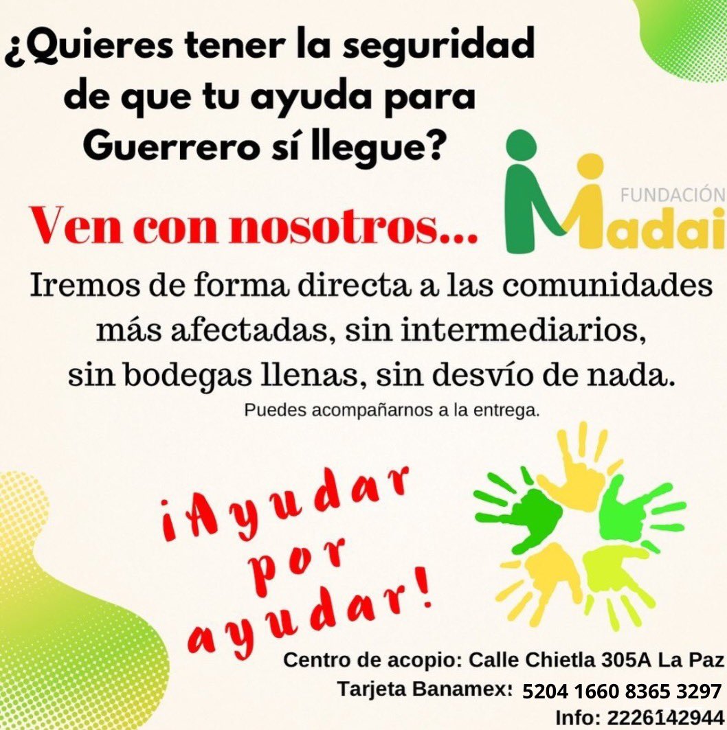 ¡Ayudemos a Acapulco!

Una vez más nos necesitan, y una vez más les responderemos.

Súmate a la colecta de víveres y artículos de aseo personal.

Donativos en efectivo a la tarjeta banamex:
5204 1660 8365 3297

Cuando la necesidad es tan grande, no hay ayuda pequeña.