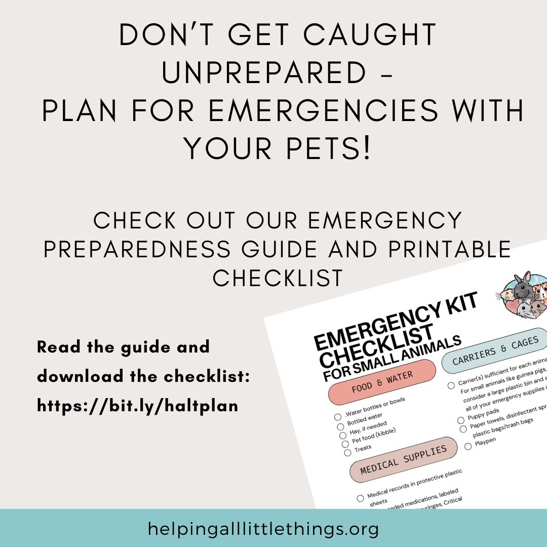 Emergencies can strike when we least expect, so make sure you're prepared to take care of your pets, too! 

Check out our guide and printable check list to help you make a plan to weather an emergency with your pets: helpingalllittlethings.org/docs/emergency