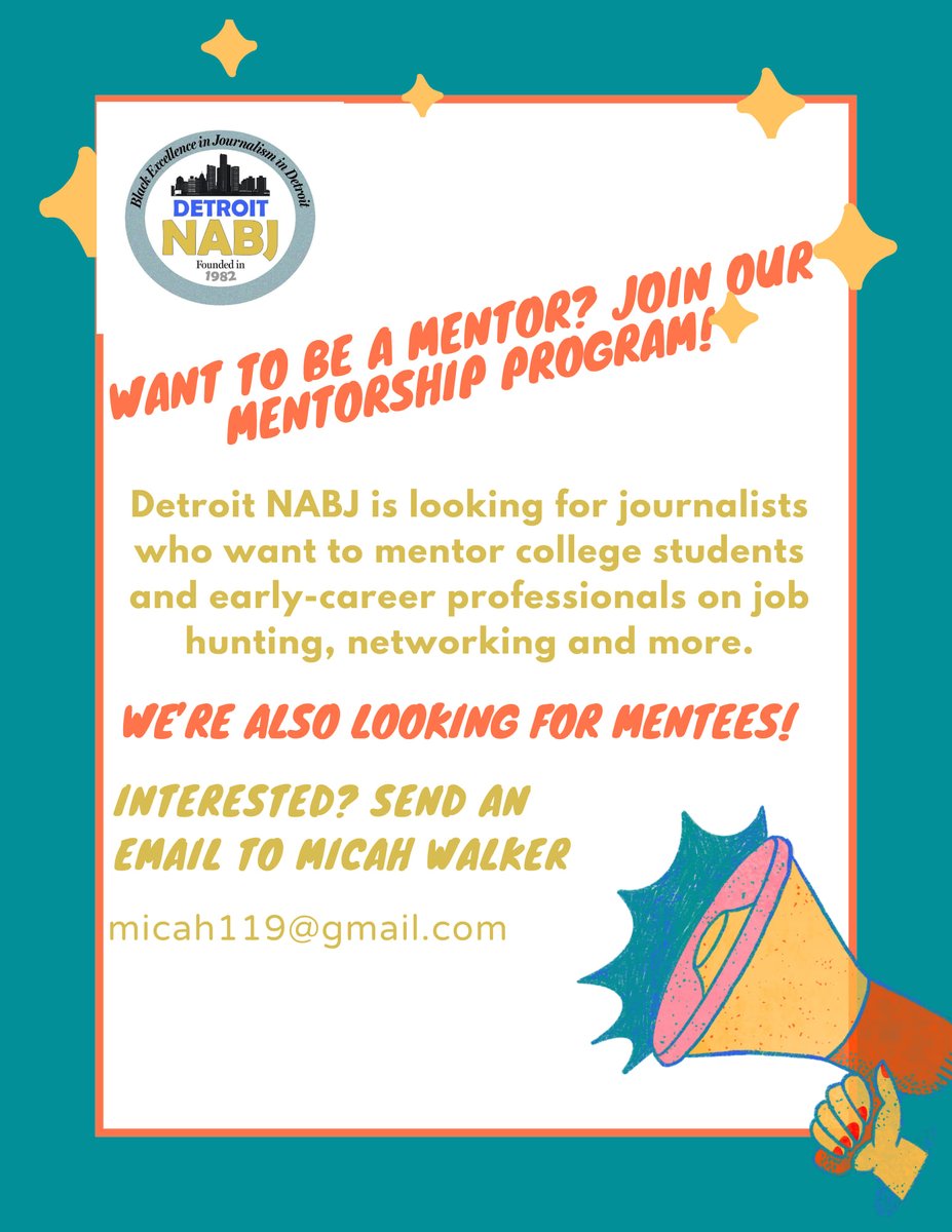 .<a href="/DetroitNABJ/">Detroit NABJ</a> is recruiting mentors and mentees for our Mentorship Program. If you're interested in being a mentor or know someone who needs a mentor contact VP-Print <a href="/Micah_walker701/">Micah Walker</a> at micah119@gmail.com.