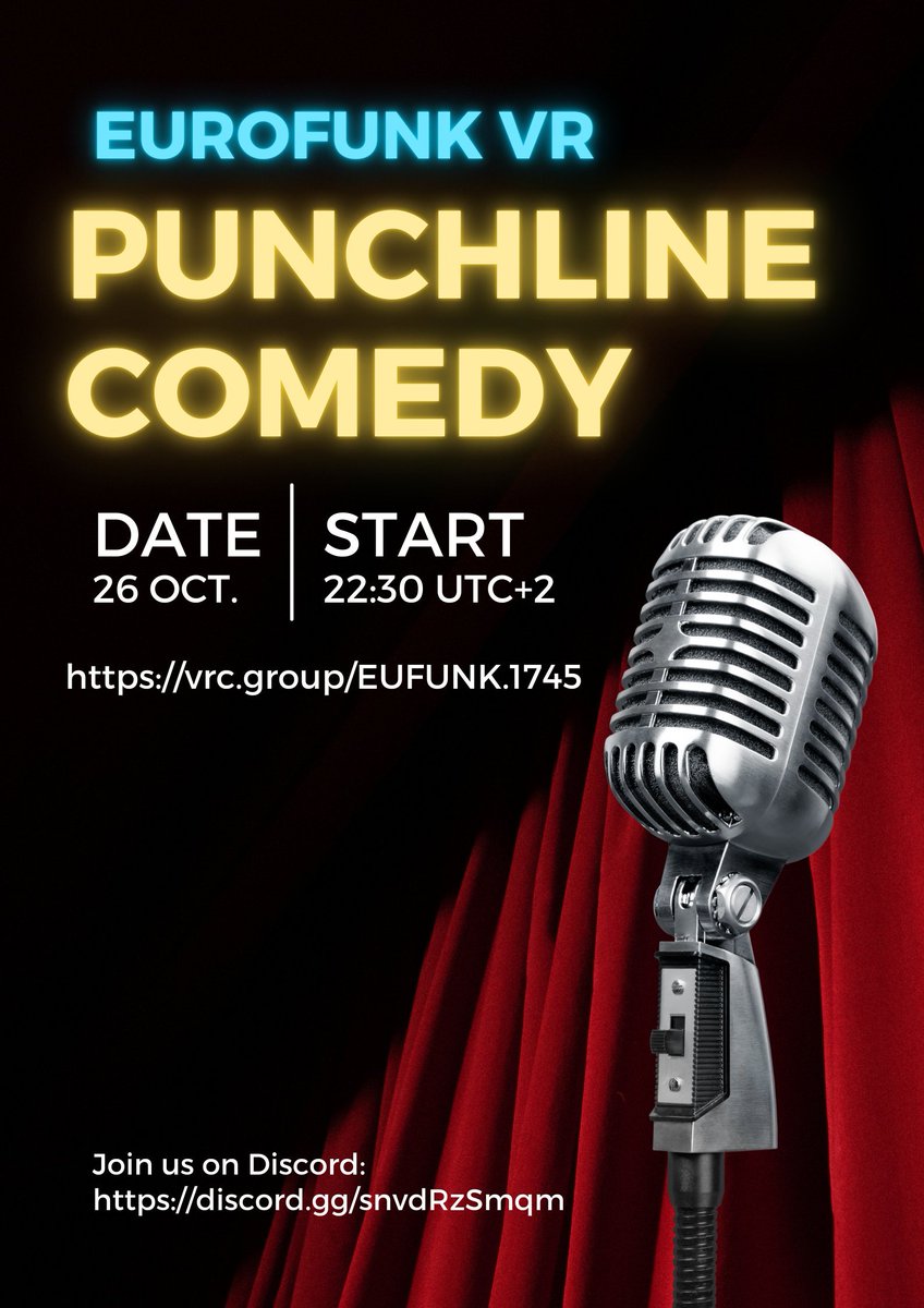 Heey everyone! 👋
October 26th we have a comedy night with <a href="/PunchlineVRC/">Punchline Comedy Club</a> + after party with <a href="/DragooVR/">Dragoo</a> &amp; @DJBobbyJVR! 💃🕺

⏰Timetable (times in UTC+2):
22:30 Open Doors
23:00 <a href="/PunchlineVRC/">Punchline Comedy Club</a>
00:00 Break
00:30 <a href="/DragooVR/">Dragoo</a>
01:30 @DJBobbyJVR

#standupcomedy #VRChat #Comedy
