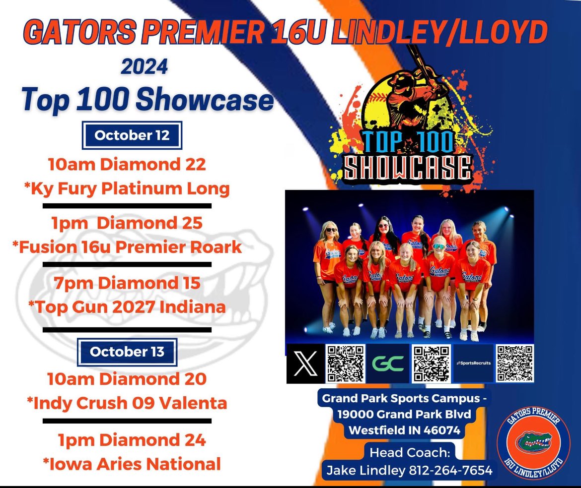 <a href="/Paige_McMenemy/">Paige McMenemy</a> <a href="/Gators08Lindley/">Jake Lindley</a> <a href="/GatorsPremier08/">Gators Premier 26/27 Lindley/Lloyd</a> We all would love to see you this weekend at Grand Park, in Westfield, Indiana for the Top 100 showcase.