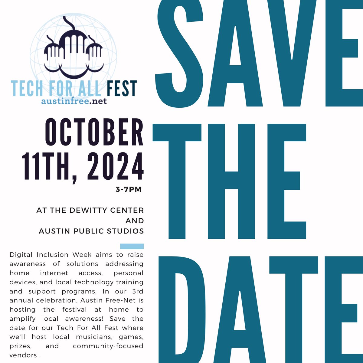 googlefiber's tweet image. Austin, don&apos;t miss @austinfreenet&apos;s Tech For All Fest on Friday, 10/11. The event promotes community building in Austin through celebrates digital inclusion, technology, and local live music. It&apos;s fun, and you&apos;ll leave smarter and better connected, too. #DigitalInclusionWeek