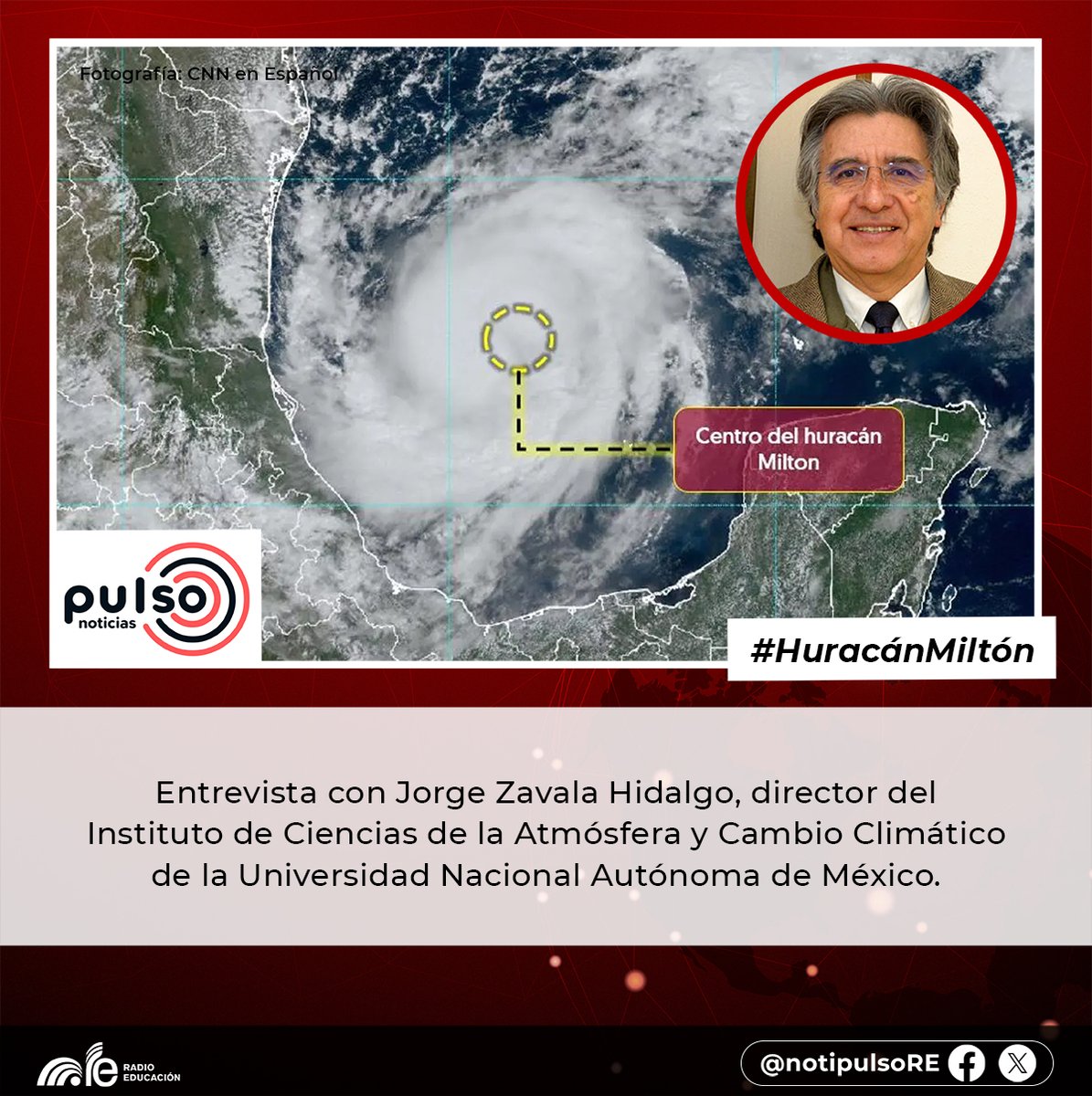 En #PulsoNoticias 🗞️ conversamos con el Dr. Jorge Zavala Hidalgo, director del <a href="/ICAyCC_UNAM/">Inst de Ciencias de la Atmósfera y Cambio Climátic</a>, sobre la peligrosidad que implica el paso del #HuracánMiltón 🌧️ 💨

Escucha más detalles aquí ⬇️
e-radio.edu.mx/Noticiarios-pu…