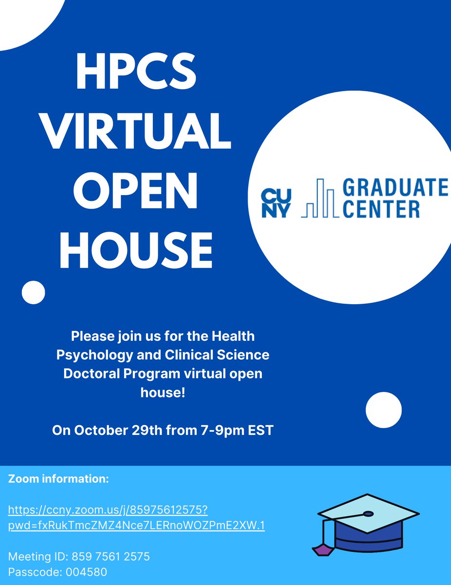 ‼️ Interested in getting a PhD in health psychology and/or clinical science? Join us on 10/29 for HPCS’ virtual open house to learn more about our program, life as a PhD student in NYC, and what makes a competitive application!