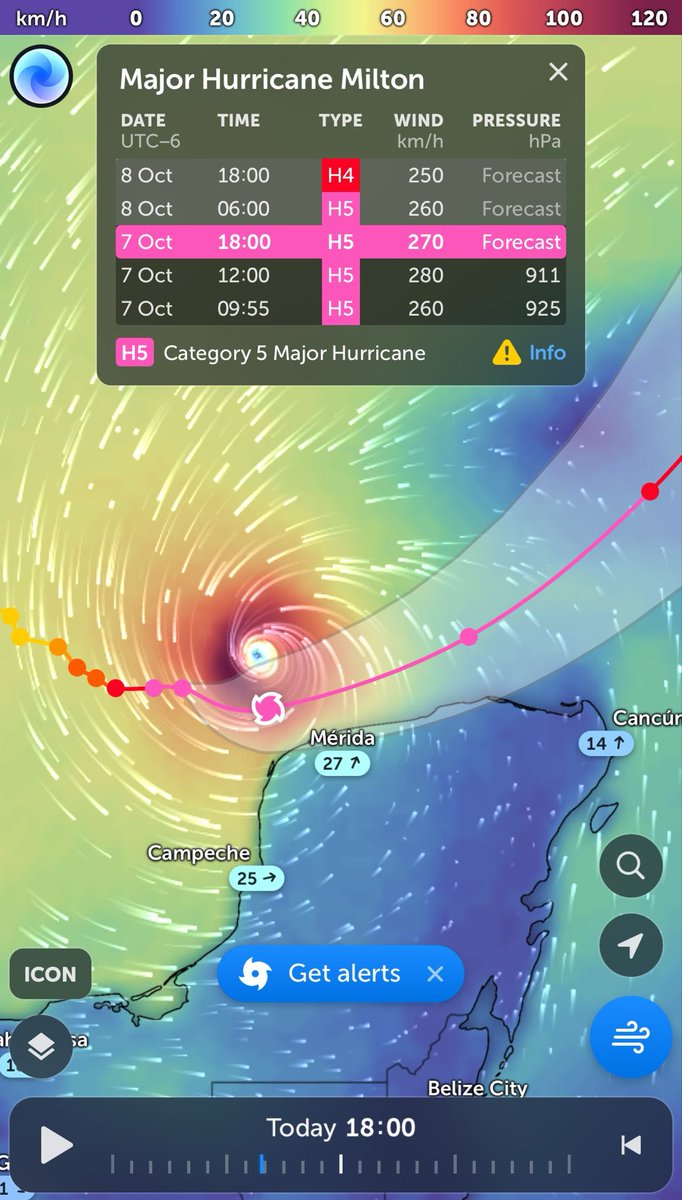 Meteorosilver's tweet photo. 🚨PODEROSO HURACÁN #Milton categoría 5 se fortalece 

 -NO TOCARÁ TIERRA EN #Yucatan  
-SE ALEJA hacia #Florida , EEUU  
📷Ubicación: 125 km oeste-noroeste de Progreso, Yuc 📷Desplazamiento: Este a 17 km/h ➡️ https://t.co/tGwAYtxkF9