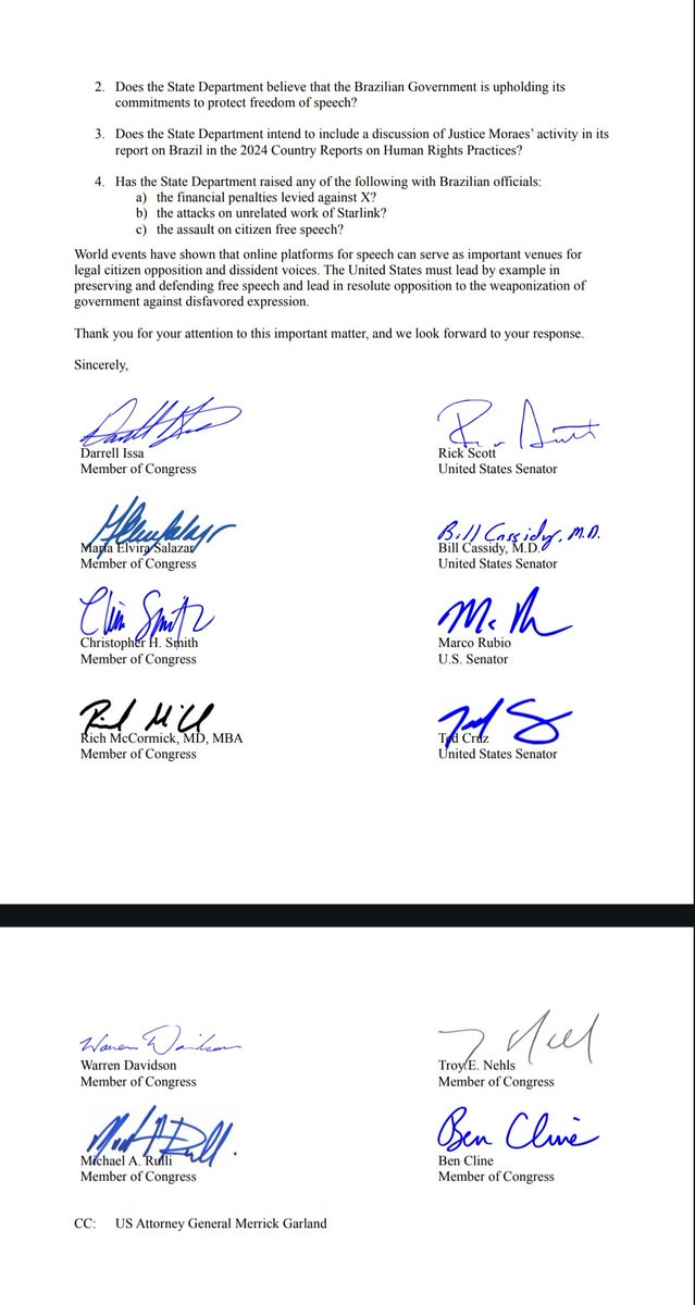 realpfigueiredo's tweet photo. 🚨Em nova iniciativa, Congresso dos EUA envia carta ao Departamento de Estado com questionamentos sobre ações de Moraes!

Vários membros do Congresso dos Estados Unidos intensificaram a pressão sobre o governo brasileiro em relação à liberdade de expressão. Uma nova carta, endereçada ao Secretário de Estado Antony Blinken, representa uma escalada significativa em comparação com uma missiva anterior que solicitava o cancelamento do visto do ministro do Supremo Tribunal Federal brasileiro, Alexandre de Moraes. 

A carta prévia tinha sido assinada por três congressistas (María Elvira Salazar, Christopher H. Smith e Rich McCormick) e um senador (Rick Scott). A nova correspondência, que questiona as ações de Moraes contra o X , ganhou adesões de peso, inclusive no Senado. Agora, conta com a assinatura de 12 membros do Congresso, incluindo senadores influentes como Marco Rubio, Ted Cruz e Bill Cassidy, além dos já mencionados. Outros signatários incluem os congressistas Darrell Issa, Warren Davidson, Troy E. Nehls, Michael A. Rulli e Ben Cline. 

O documento solicita que Blinken responda a quatro perguntas específicas até 11 de outubro de 2024:

1. Qual é a posição do Departamento de Estado sobre se o ministro Moraes excedeu seus poderes judiciais em relação às investigações e sanções contra cidadãos brasileiros e empresas de mídia social operando no Brasil?

2. O Departamento de Estado acredita que o governo brasileiro está cumprindo seus compromissos de proteger a liberdade de expressão?

3. O Departamento de Estado pretende incluir uma discussão sobre as atividades do ministro Moraes no relatório de 2024 sobre Práticas de Direitos Humanos no Brasil?

4. O Departamento de Estado levantou com autoridades brasileiras questões sobre: a) as penalidades financeiras contra o X? b) os ataques ao trabalho não relacionado da Starlink? c) o suposto ataque à liberdade de expressão dos cidadãos?

O cerco contra a ditadura brasileira nos EUA está aumentando. Teremos mais novidades em breve. Não vamos parar! 

TUDO SOBRE ISSO AMANHÃ NO PAULO FIGUEIREDO SHOW ÀS 15H!