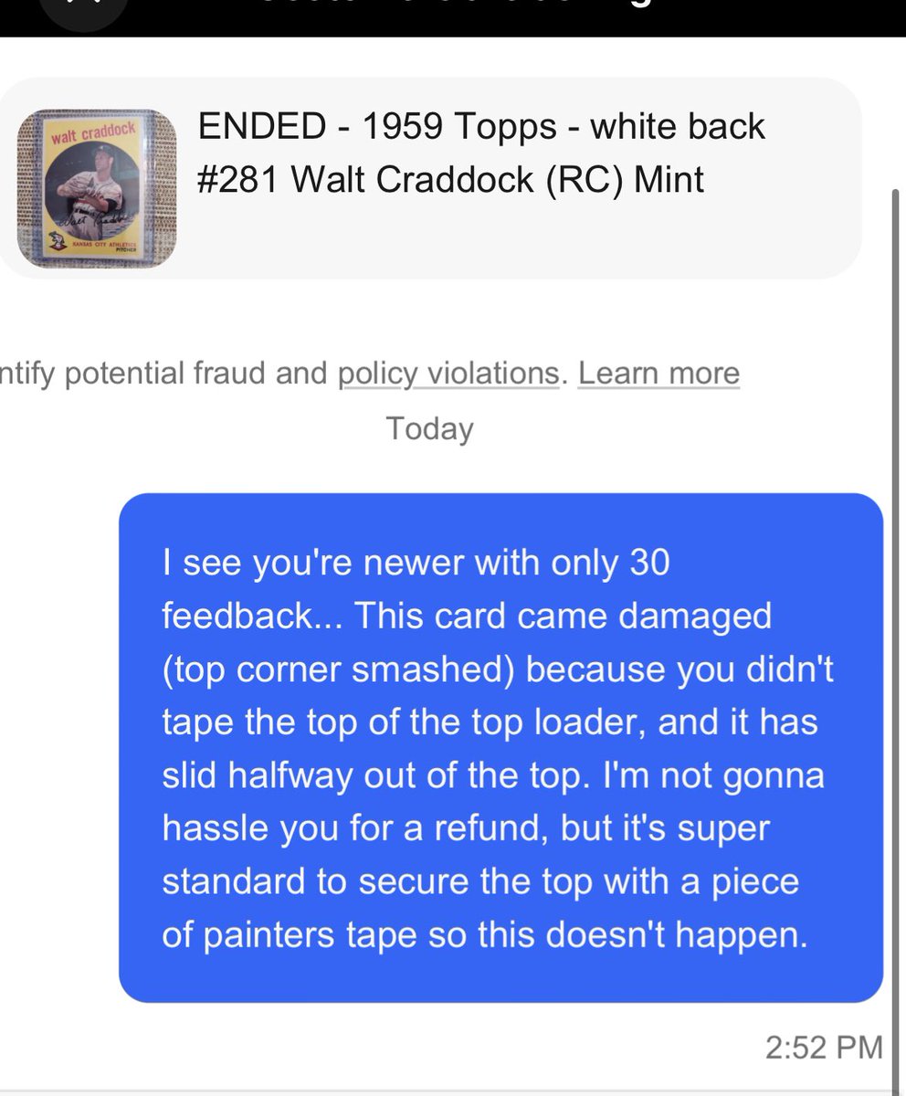 Card Goat (@storyofthegoats) on Twitter photo Got a $6 card in the mail that was damaged because it wasn't top taped. Am I being too nice to the seller? <a href="/CardPurchaser/">Card Purchaser</a> Got a $6 card in the mail that was damaged because it wasn't top taped. Am I being too nice to the seller? <a href="/CardPurchaser/">Card Purchaser</a>