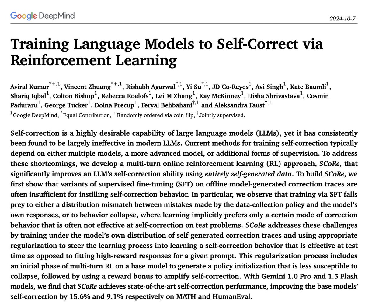 Aviral Kumar (@aviral_kumar2) on Twitter photo 🚨 How can we fine-tune LLMs to implement nuanced algorithmic behaviors at test-time?
I've been very behind on posting, but in SCoRe, we studied a special instance: training LLMs to self-correct.
arxiv.org/abs/2409.12917
(in v2, we've updated the presentation, 🙏 for feedback!) 🚨 How can we fine-tune LLMs to implement nuanced algorithmic behaviors at test-time?
I've been very behind on posting, but in SCoRe, we studied a special instance: training LLMs to self-correct.
arxiv.org/abs/2409.12917
(in v2, we've updated the presentation, 🙏 for feedback!)