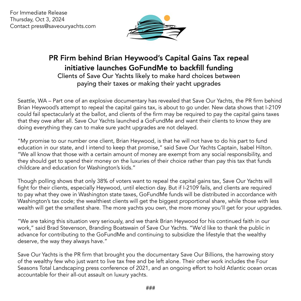 PRESS RELEASE - The PR Firm behind Brian Heywood’s attempt to repeal the capital gains tax is about to go under. #SaveOurYachts