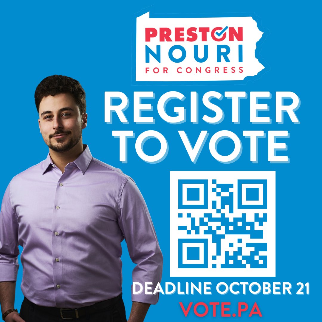 prestonforpa's tweet photo. Only two weeks left! The voter registration deadline is October 21st. Make sure you’re registered and that your address is up-to-date before the deadline. https://t.co/eUPCGeu5Um