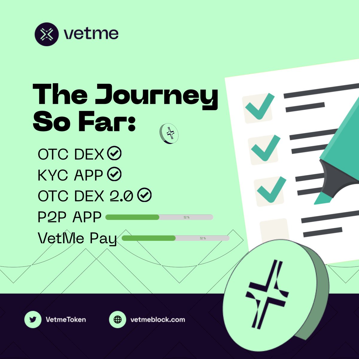 In just a few weeks, we’ll celebrate two years since launching $VetMe!

We've hit huge milestones: OTC Dex&amp; V2, KYC, over $2M in OTC volume, $100k in staking rewards, &amp; now our  P2P platform is about to drop.

All with no VC backing or team token!