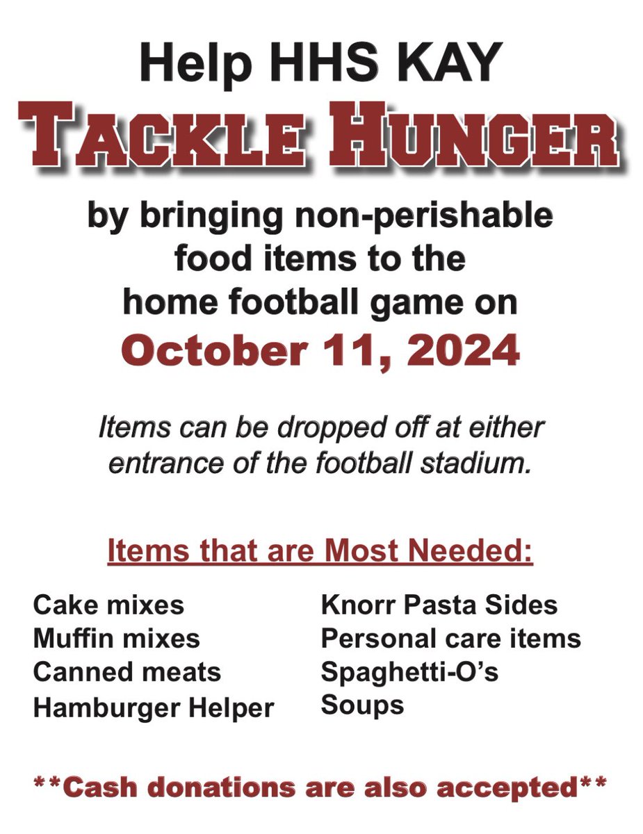 HoisingtonKay's tweet photo. We are Tackling Hunger for the Hoisington Food Bank.

Please bring your non -perishable food items to Fridays football game. (Please, no glass containers) 

We will be set up outside of both entrances. https://t.co/mITj4EgaEJ
