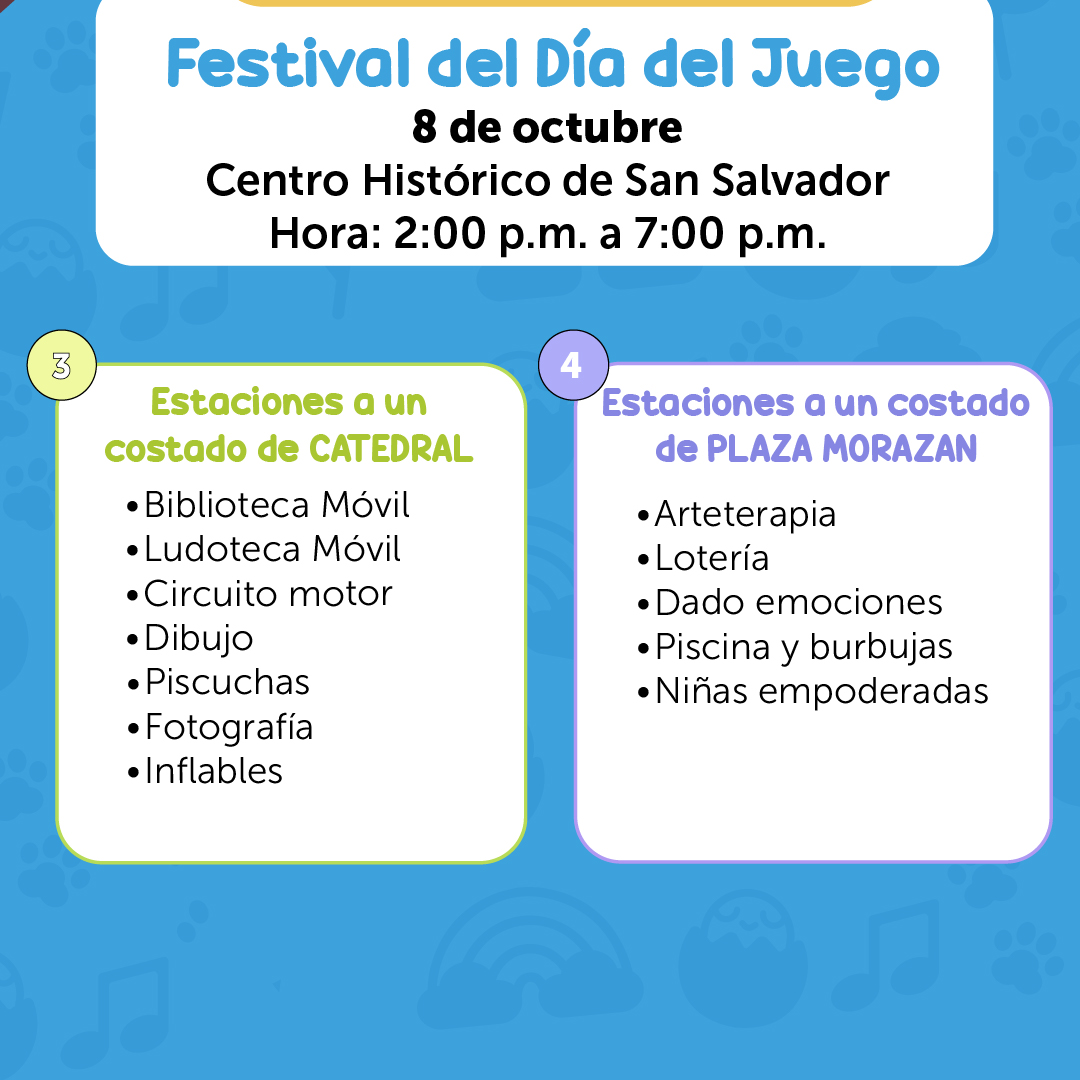 ¡Es mañana, es mañana el Día Nacional del Juego!
Un día para recordarnos que jugar es la mejor manera de aprender, soñar y crecer.
Lugar: Centro Histórico de San Salvador
Hora: 2:00 p.m. a 7:00 p.m.
¡Preparemos nuestras sonrisas y alegría para llenar cada espacio de diversión!