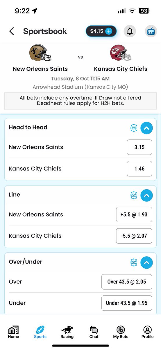 buddybet's tweet photo. 100% markets for the Saints @ Chiefs match up today.

ONLY at #buddybet

Think. Is this a bet you really want to lose? 
Set a deposit limit https://t.co/HuqlZIDX7E