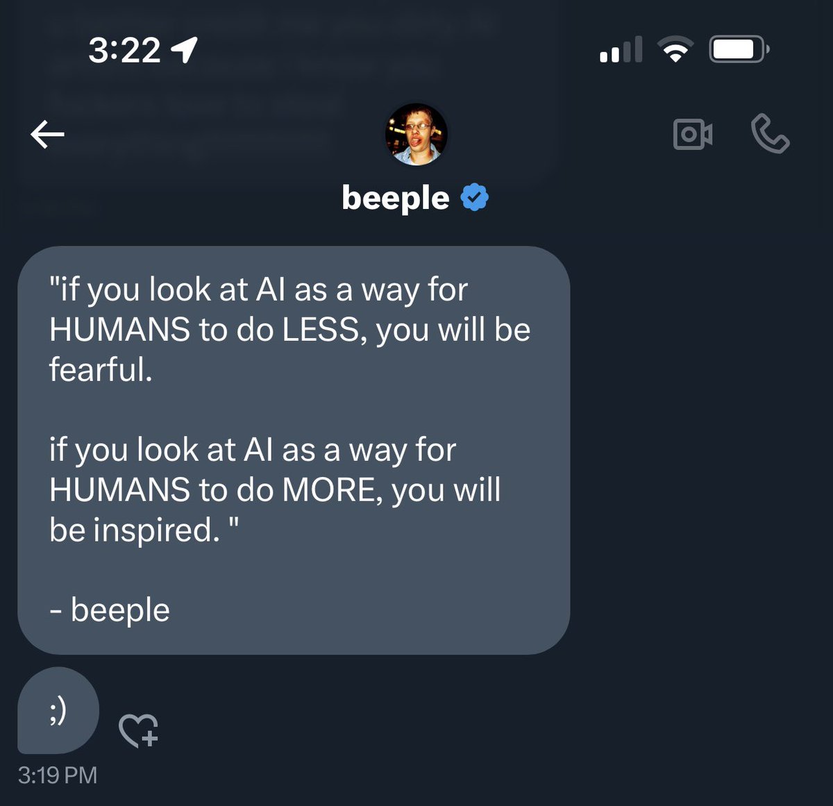 PJaccetturo's tweet image. Nestled amidst hundreds of death threats, one of my favorite artists on the planet,
@beeple sent me a really encouraging message.
He said I could quote him saying: