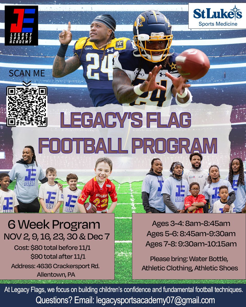 If you or anyone you know have been looking to get your kids involved in flag football here is a great opportunity. Legacy flags provides a fun developmental program for kids aged 3-8 to thrive. If you are in the Lehigh valley area make sure you get signed up!