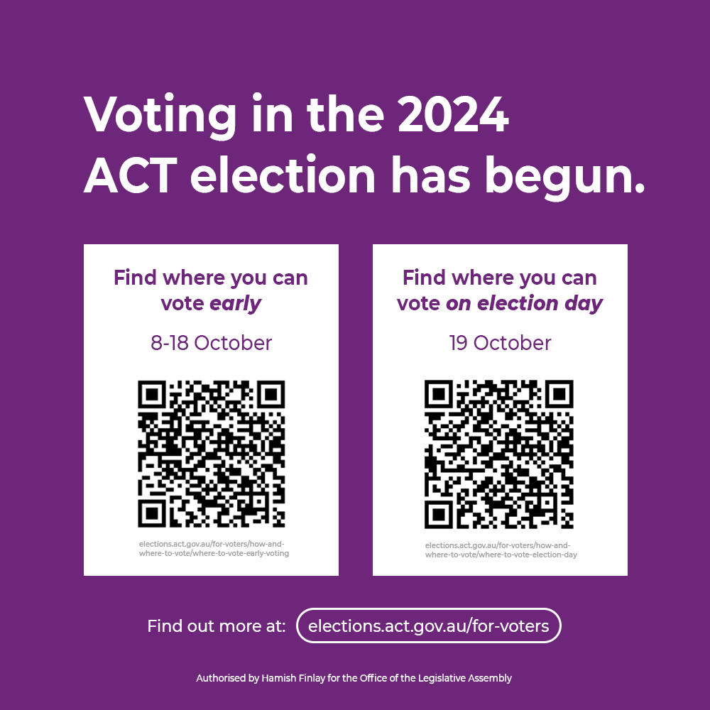 ACTAssembly's tweet image. Voting in the 2024 ACT election has begun 🗳️

📌 Where to vote early (8-18 Oct): elections.act.gov.au/for-voters/how…
📌 Where to vote on election day (19 Oct): elections.act.gov.au/for-voters/how…

Find out more at elections.act.gov.au/for-voters
