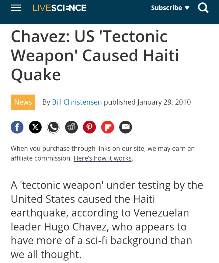 TippytopshapeU's tweet photo. @NetworksManager @dogorflower @GEdward_Griffin @cspan @beforeitsnews @The_JBS @Ground_app @TomFitton @JudicialWatch @WestonAPrice @vxschmid @CONSMILITIA @EpochTimes @LogosMedia01 @Consortiumnews @transcend_media @MintPressNews @ALEXNEWMAN_JOU @NewAmericanMag @AmericanThinker @realMaryFanning @21stCenturyWire @dbongino @AlanRMacLeod @SpencerLndqst @BreitbartNews @MeganFoxWriter @PJMedia_com @vigilantfeed @realtpv @realfrankreport @NRO @RogerJStoneJr @The_Rumpus @newdawnmagazine @ICRscience @MailOnline @DougAMacgregor @Judgenap @TXNatSecReview @TheBell_News @IBDinvestors @NEWSMAX @TheLastRefuge2 @SOTTnet @realDonaldTrump @CatholicLeague @gatewaypundit @corsijerome1 🚨Making Earthquakes⁉️⚠️🌐
#TectonicWeapons "testing by
the United States caused the
Haiti earthquake,
according to Venezuelan leader
Hugo Chavez" 🇻🇪
@chavezcandanga
🇺🇲 'US "weapon" caused Haiti quake'
https://t.co/MN637rA6cO
👀
https://t.co/eDqlPIxtwD
https://t.co/kv8LzvSJZt https://t.co/mEDrLP452N