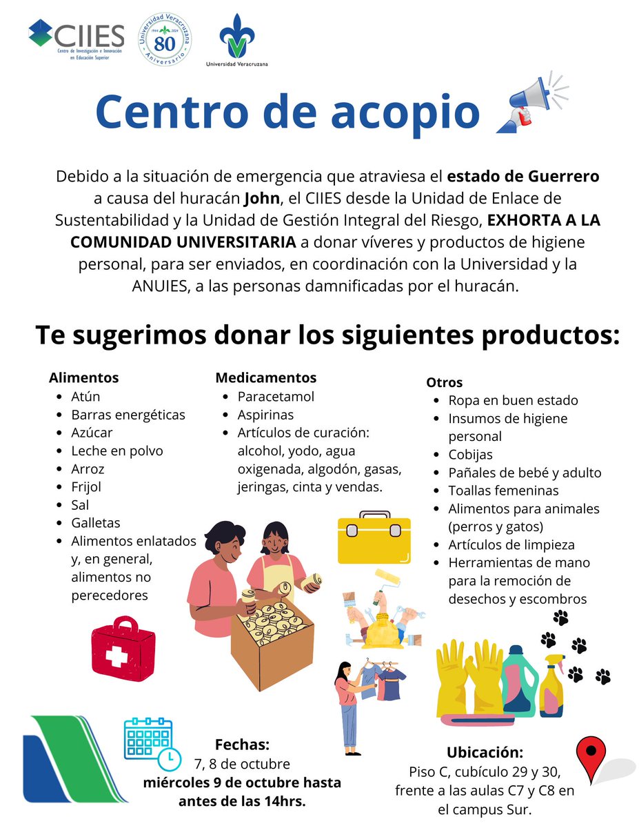 Necesitamos tu ayuda: Puedes donar alimentos no perecederos, medicamentos, ropa, insumos de higiene personal y ¡mucho más!

¡Cada donación cuenta!

#SolidaridadUV #AyudaHumanitaria #FuerzaGuerrero #Donaciones #UVResponsable #HuracánJohn #CentroDeAcopio