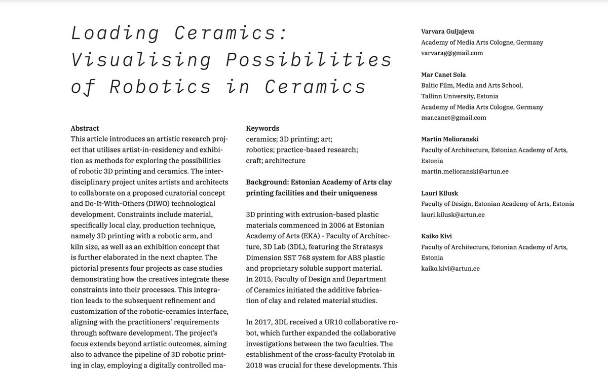 🚨 Our preprint "Loading Ceramics: Visualising Possibilities of Robotics in Ceramics" is now live! We'll be presenting it at IEEE VISAP'24, 13–18 Oct in Florida. Check it out: arxiv.org/abs/2410.03550 #IEEEVISAP #Robotics #Ceramics #ArtTech #Preprint
