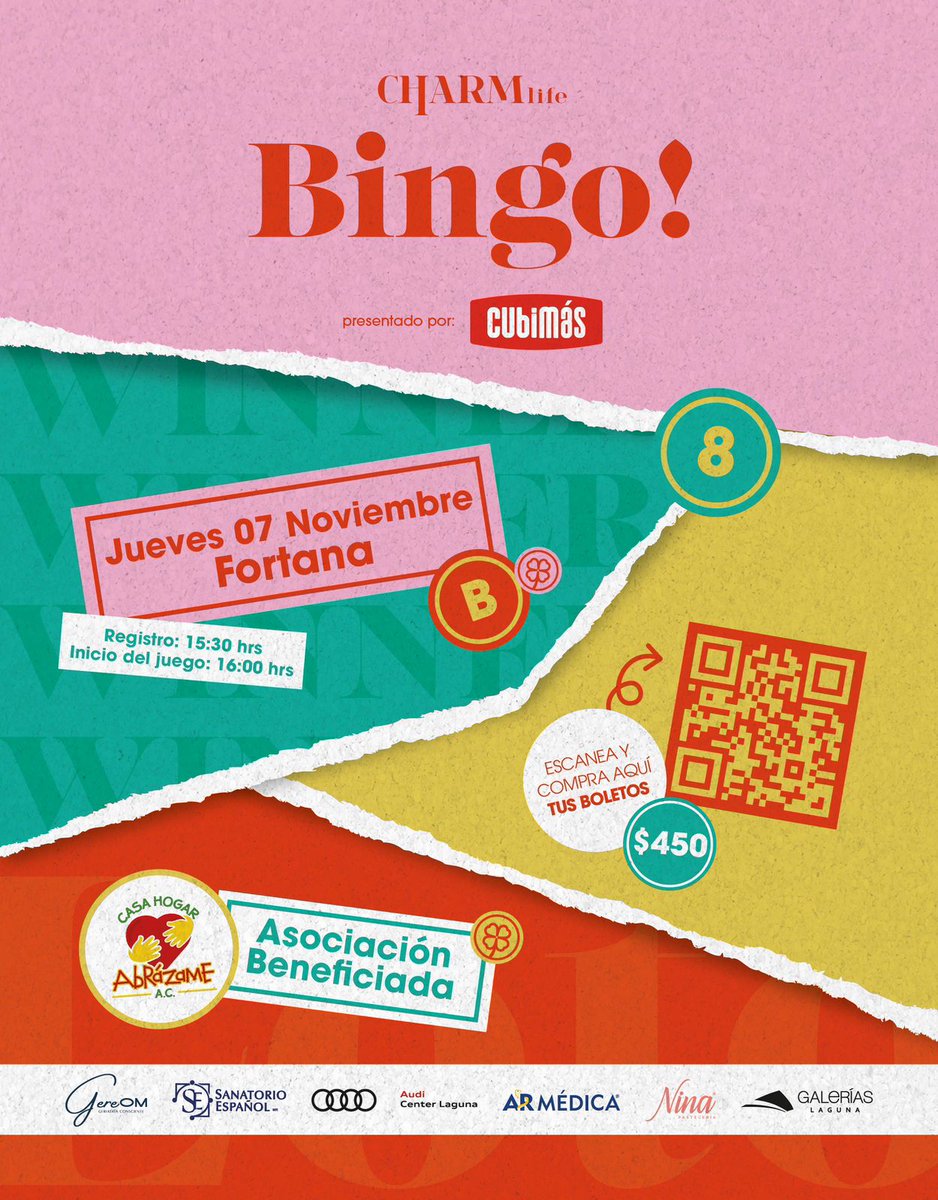 🎉 ¡Te invitamos al BINGO <a href="/charmtorreon/">CHARMlife</a>  2024! 🎉

📍  Fortana - Centro de Eventos
🗓️ Jueves 7 de noviembre 2024
🕑 4:30 pm
🎟️ $450 incluye donación a Abrázame, A.C.
Disfruta de:
🍷 Bebida Strongbow
🧀 Canapés
🍕 Cena Malfi Pizza
🧁 Postres
🎯 ¡Más de $100,000 en premios!