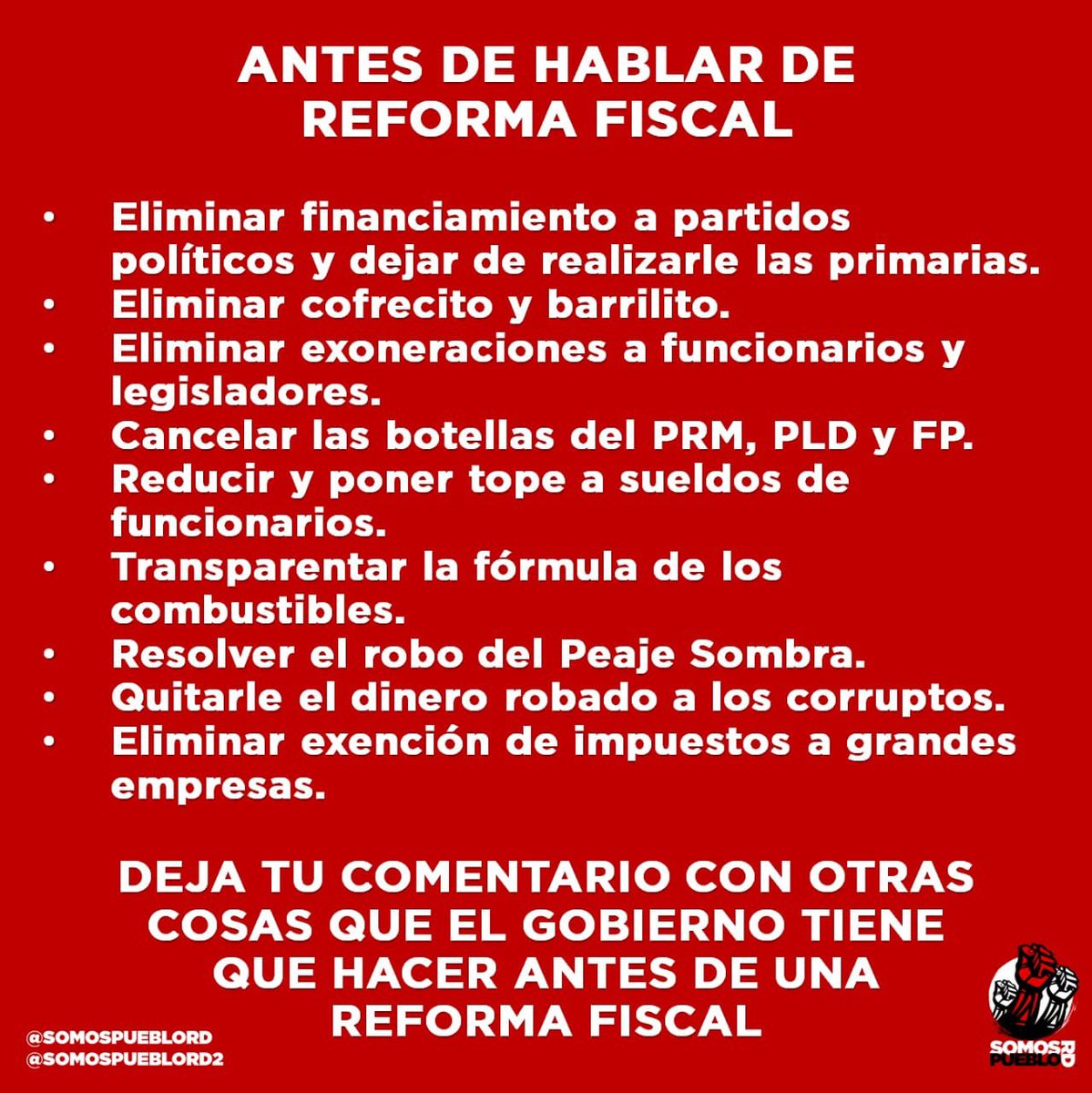 Atencion pueblo dominicano próximamente anunciaremos la fecha de una protesta de CALENTAMIENTO contra la reforma fiscal presentada por el gobierno el día de hoy en La Semanal con el presidente Luis Abinader y sus ministros.

Nos quieren cobrar más impuestos pero no quieren
