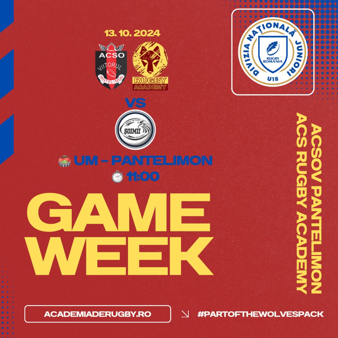 RO_RugbyAcademy's tweet image. 🐺🏉 The U18 Wolves are back in the championship, in the group derby 💥 against ACS Șoimii București 🦅! 🔥  
Let’s support the boys  
🗓️ Sunday, 03.10.2024  
🏟️ UM Stadium in Pantelimon  
🕚 11:00 AM

#partofthewolvespack