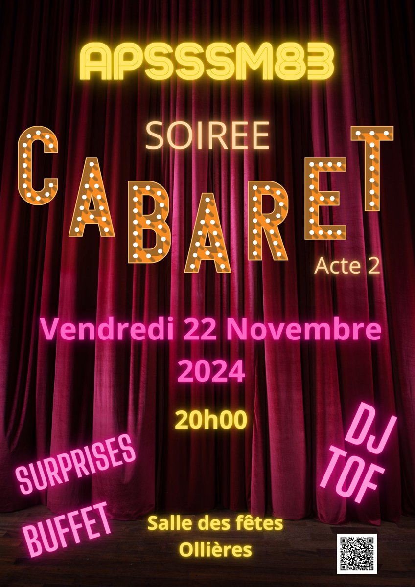 #soirée | L’. <a href="/apsssm83/">APSSSM83</a> vous présente sa traditionnelle soirée de fin d’année sur le thème du « CABARET ». 
Nous vous attendons nombreux  le 
Vendredi 22 novembre 2024 à partir de 20h00. 
Inscriptions auprès du bureau.