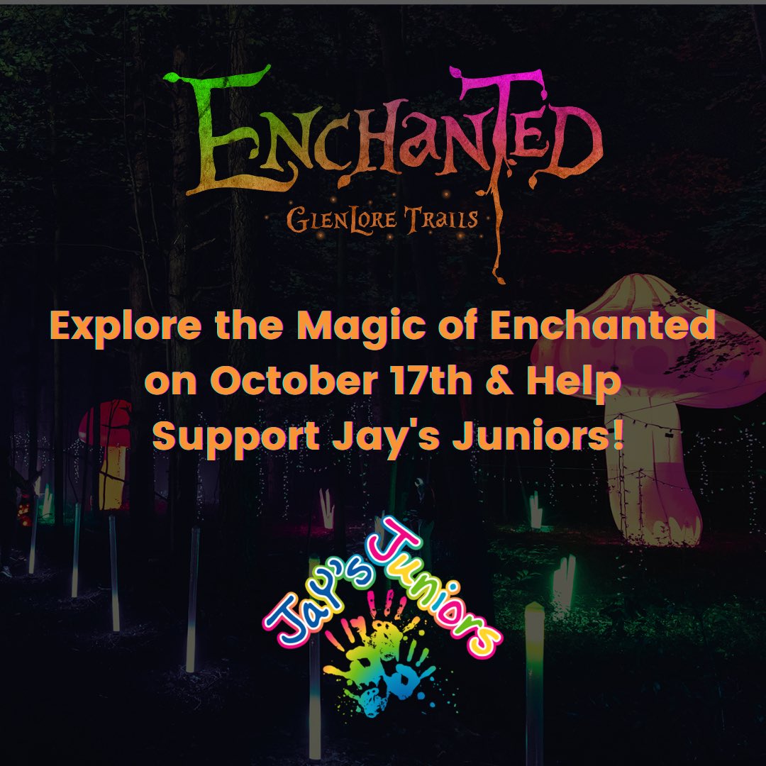 ✨ On October 17th, a portion of all Glenlore Trails ticket sales will be donated to Jays Junior's, a charity founded by <a href="/JayTowers/">Jay Towers</a> 🌟 Join us for a night of enchantment and make a difference. 🎟️ Get your tickets today: bit.ly/4e94230
